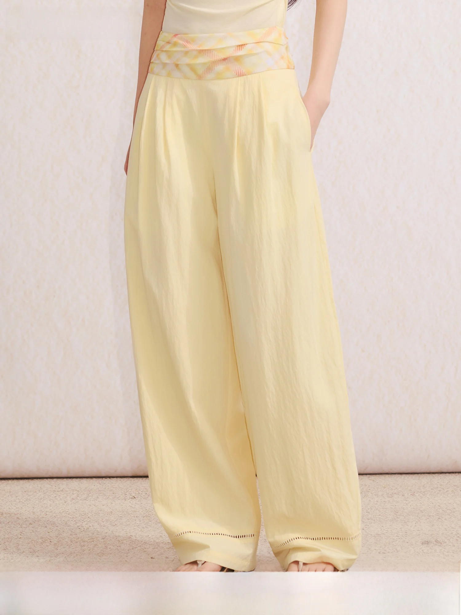 

Umoumo Casual Pants Color Collision Lightweight Draped Holiday Plaid Splicing Breathable Long Pants High Waist Elastic Waist