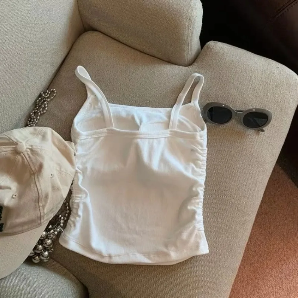 

New Solid Women Tank Tops Sleeveless Ribbed Folds Tight Elasticity Undershirt with Chest Pads Crop Vest Women