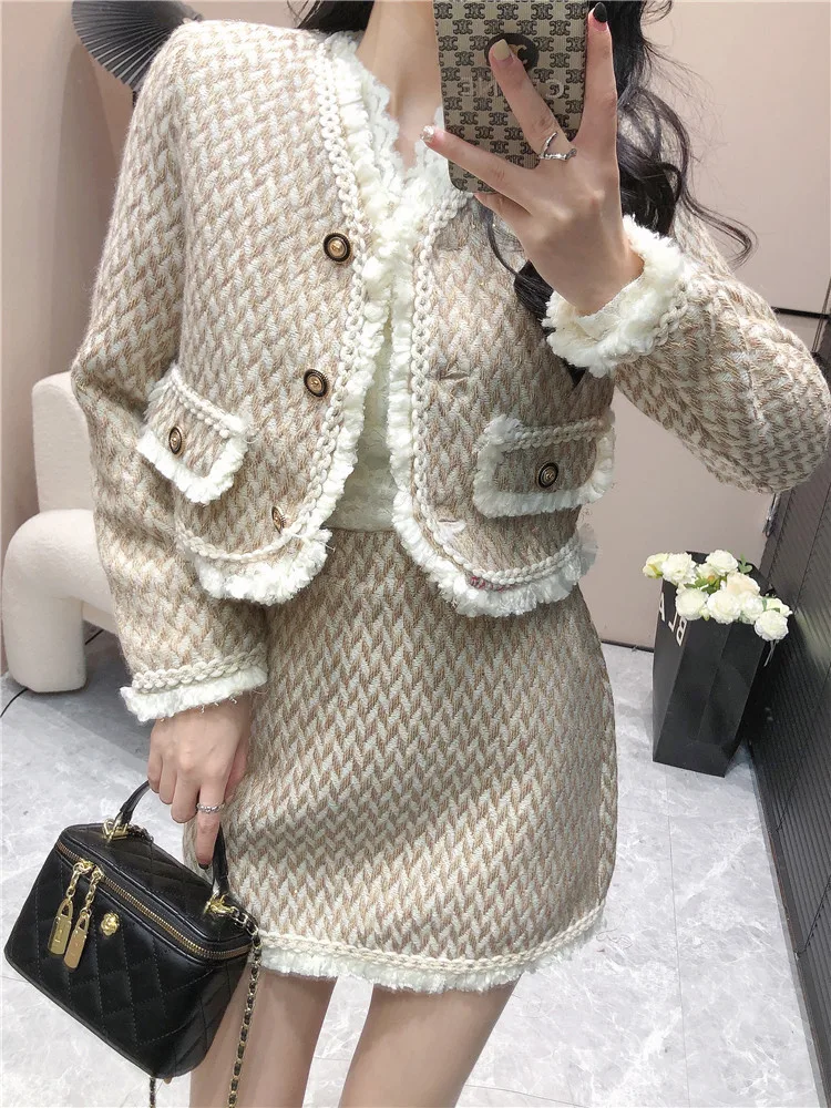 

Office Ladies Two Piece Set Women Top And Skirt Patchwork Elegant 2 Piece Sets Korean Autumn Womens Outfits Slim Skirt Set