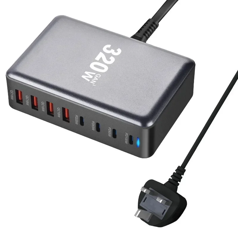 320W GaN Desktop Charger 8-port USB Type C PD Fast Charge 3.0 USB Type C Fast Mobile USB