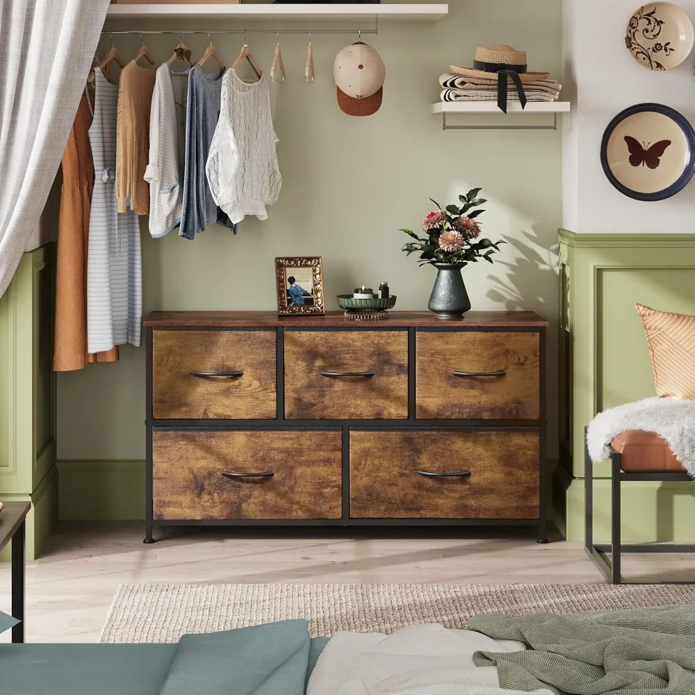 

Dresser for Bedroom with 5 Drawers, Wide Chest of Drawers, Fabric Dresser, Storage Organizer Unit with Fabric Bins