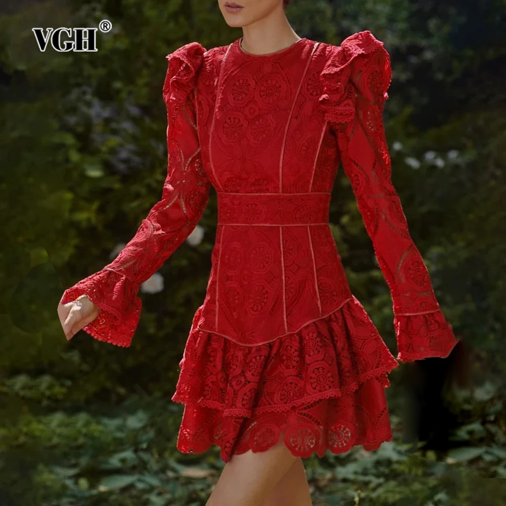 

VGH Solid Patchwork Embroidery Mini Dresses For Women Round Neck Flare Sleeve High Waist Spliced Zipper Slimming Dress Female