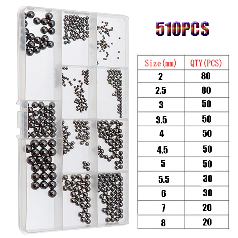 

510pcs Stainless Steel Beads Ball Bearing 2/2.5/3/3.5/4/4.5/5/5.5/6/7/8mm Solid Slingshot Hunting Ball Bearing Roller Beads