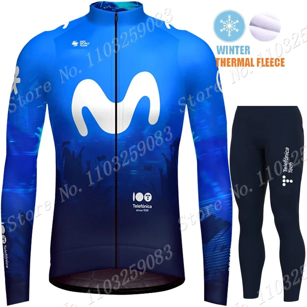 Winter M Cycling Jersey Pro Team 2024 Set Thermal Fleece Blue Spain Clothing Long Sleeve Road Pants Bib Bike Suit MTB Maillot