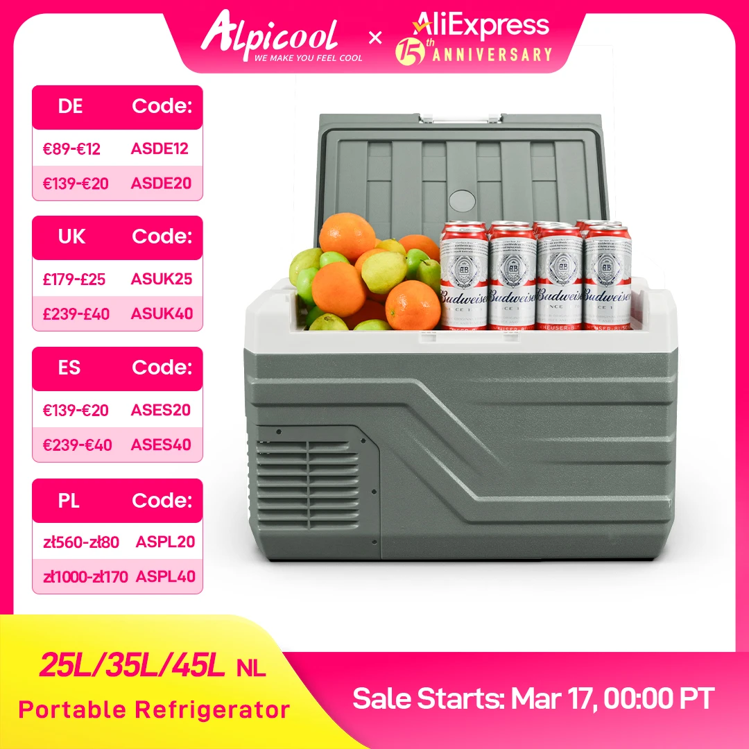 Alpicool NL 25L 35L 45L Frigorifero portatile 12V Compressore Frigo Freezer 12/24V DC 100-240V AC