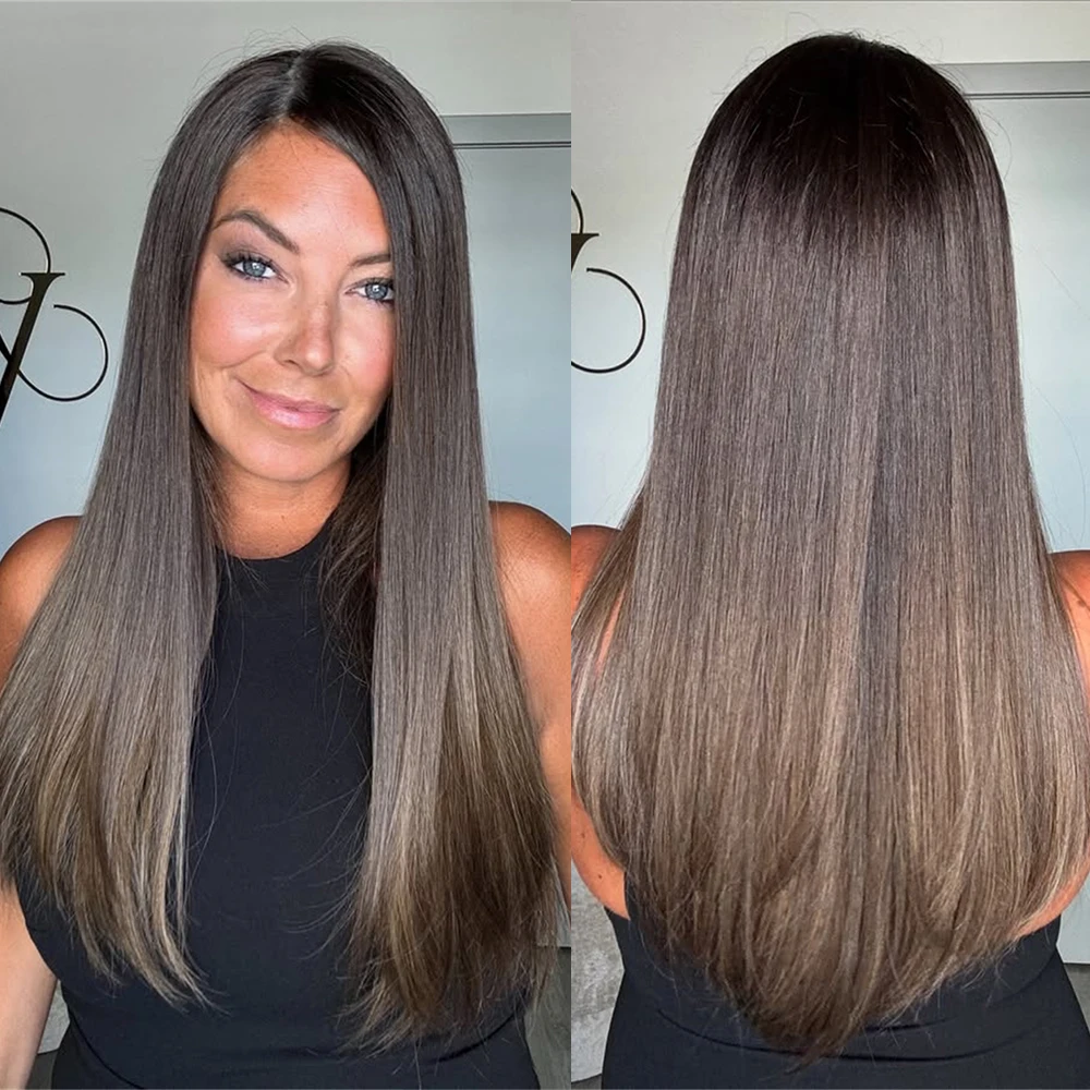 Heat Resistant Long Synthetic Wig Dark Brunette Blonde Lace Front Wig Straight Wig Free Part for Women Daily Party Cosplay Use