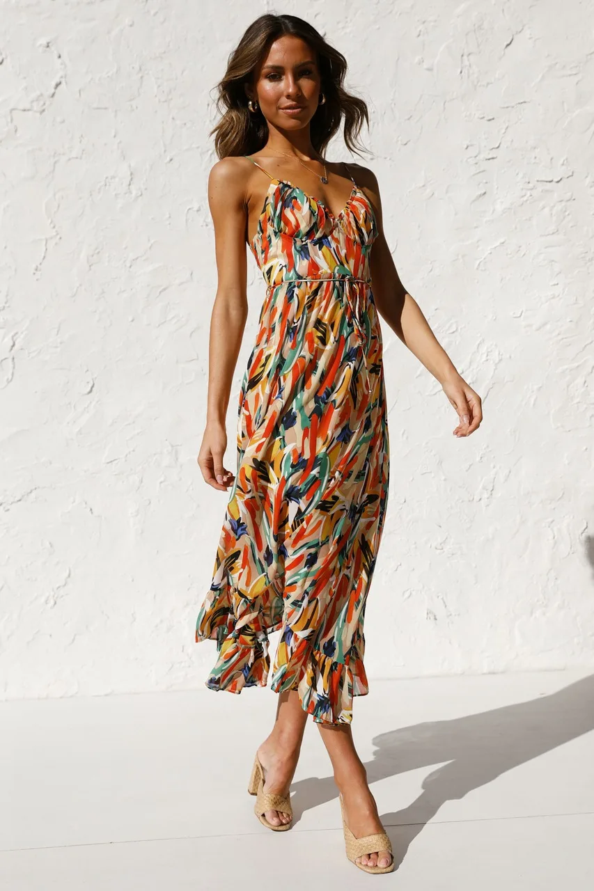 2025 Summer Polyester Boho Dress Colorful Print Halter Maxi V-Neck Low Back Tiered Ruffle Drawstring Waist Beach Party Vacation