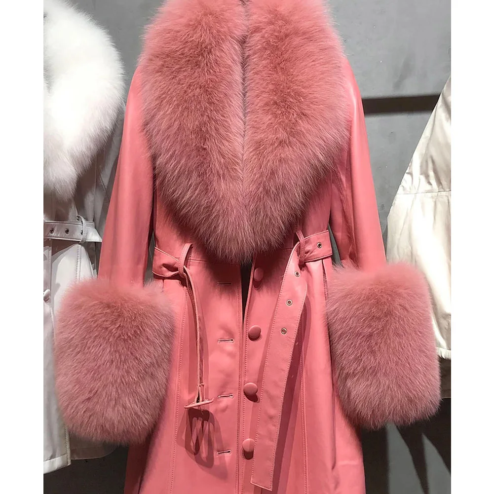 Denny&Dora Rose Pink Plus Size Coat Women Long Genuine Leather Coat Real Fox Fur Collar Trench