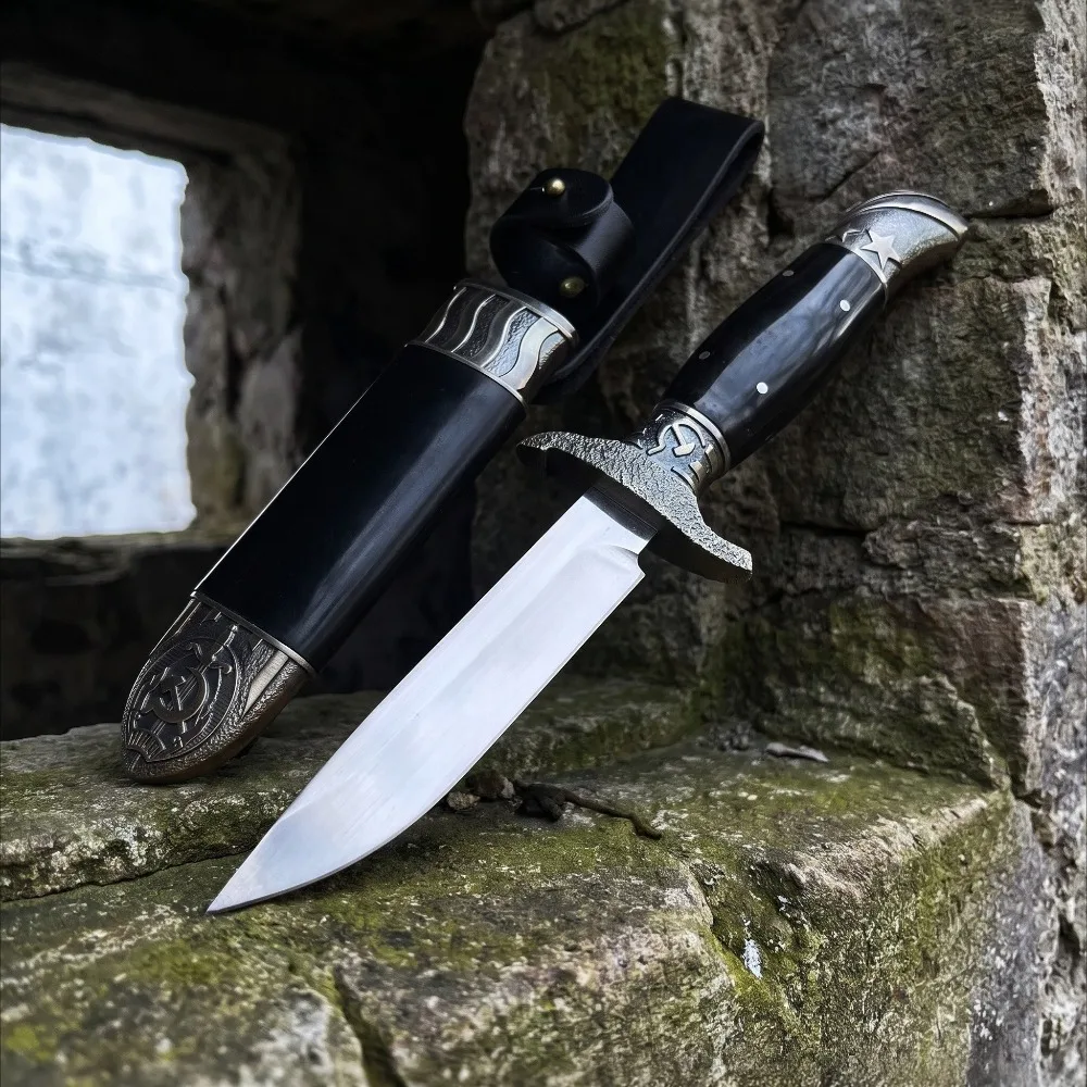 Collectible Straight Knife 440C Blade Brass Carved Guard Outdoor Camping Knife with Sheath EDC Hunting Fixed Knives
