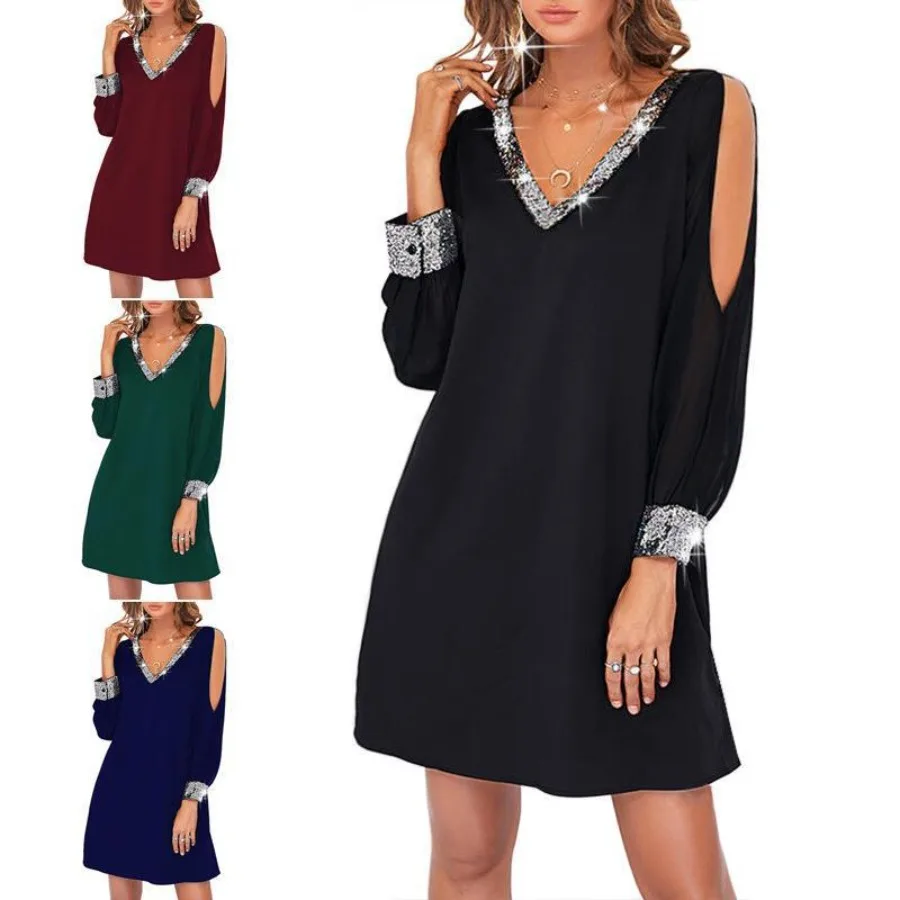 

【New style】 European and American - new women's clothing pure color strapless sleeves casual fashion deep V-neck sequin splicin