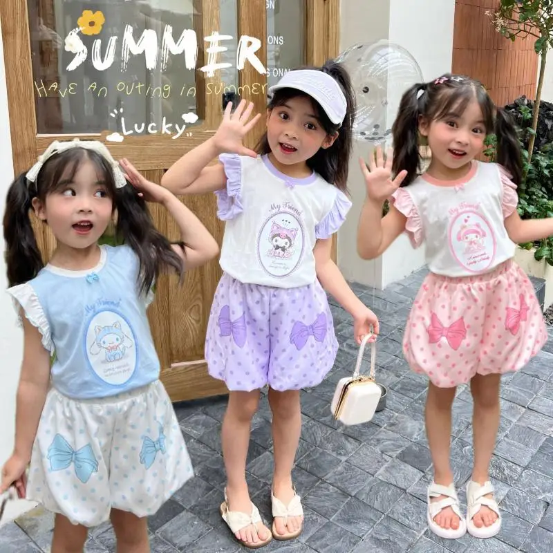 Kawaii Sanrios Anime Kuromi Cinnamoroll My Melody Vest Suit Cartoon Summer Loose Fit Leisure Wave Point Bow Knot Lantern Pants