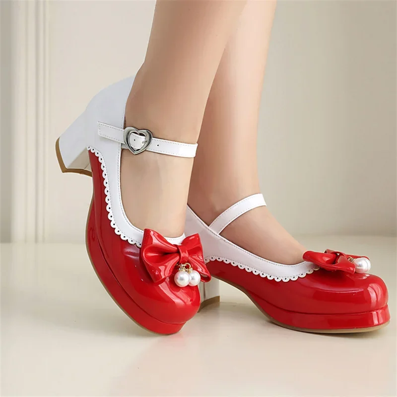 

2005 6, туфли ярких цветов JK LO Lolita, женские туфли принцессы Мэри Джейн с жемчугом и бантом из лакированной кожи, вечерние туфли-лодочки для танцев и косплея