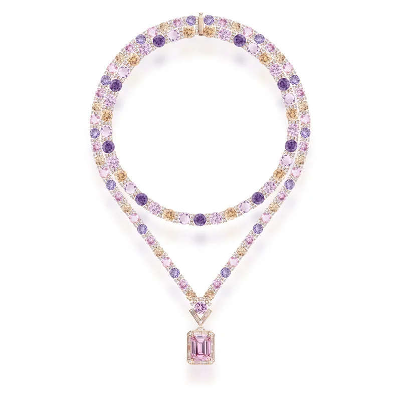 Gold Plated Double Layer Multicolor CZ Necklace Women Luxury Gradient Crystal Evening Party Statement Neck Jewelry