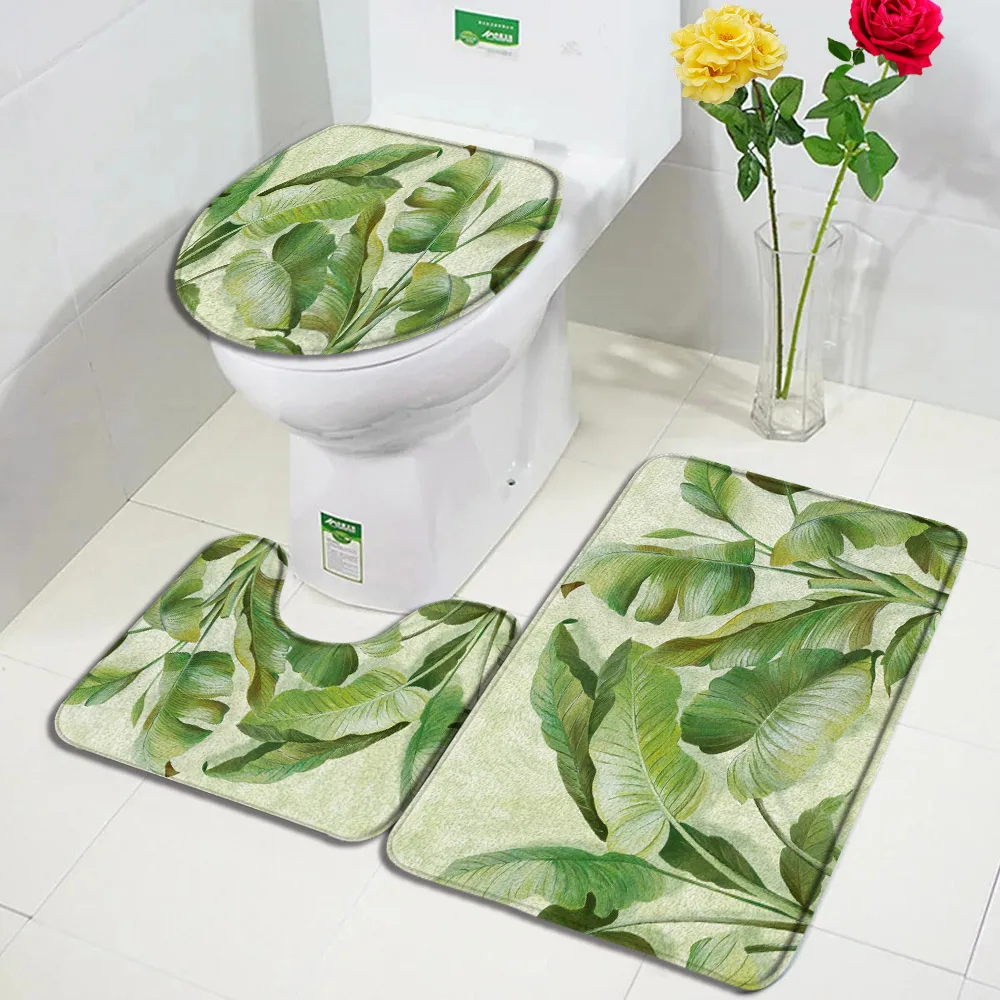 Palm Leaves Bath Mat Set Watercolour Tropical Plants Leaf Pattern Home Carpet Bathroom Decorative Non-Slip Rug Toilet Lid Cover