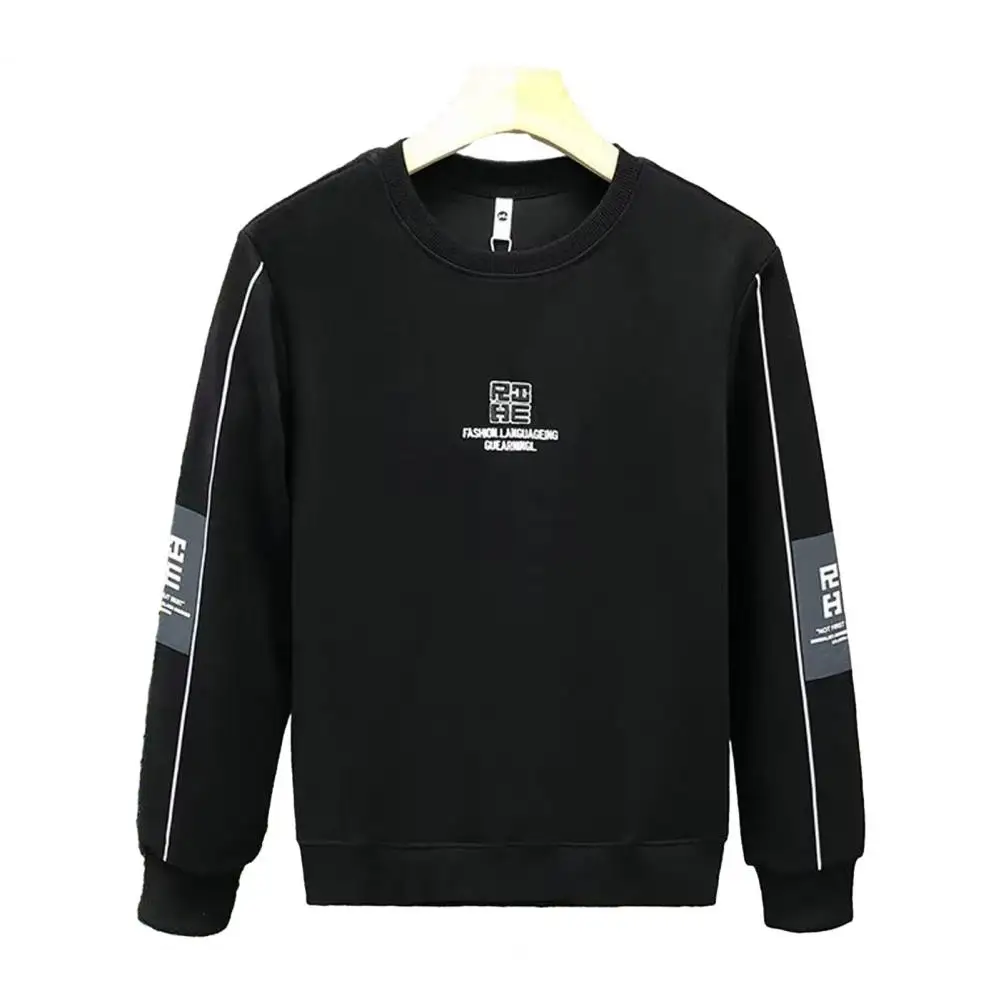 

Men's Round Neck Sweatshirt Embroidered Letter Print O Neck with Elastic Cuff Warm Mid Length Pullover