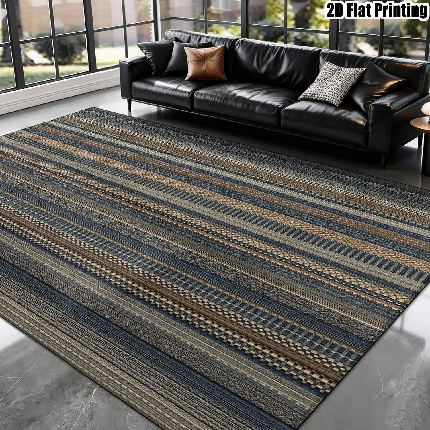 1Pc 2D Printed Carpet: Blue-Grey Geometric Stripe, Nordic/Instagram Style, Modern Minimalist Vintage Home Decor Mat, Multi-Size, Machine Washable, for Entrance, Dining, Foyer, Bedroom, Living Room