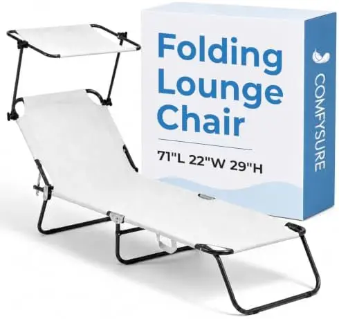 Folding Outdoor Lounge Chair with Canopy - Portable & Adjustable Beach Lounge Chair - 5-Positions, Carry Handles, 600D