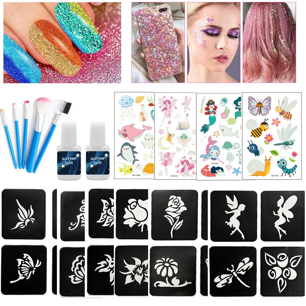 12 Color Temporary Glitter Tattoo Kit with 24 Stencils 4 Luminous Tattoo Stickers Arts Glitter Make Up Christmas Holiday Gifts