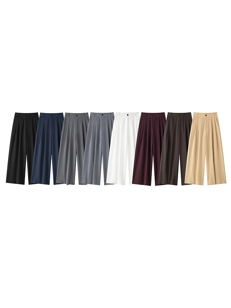 

KUCLUT Women Fashion Chic Solid Trousers With Double Pleat Female Button High Waist Zip Fly Pants Ladies Casual Bottoms