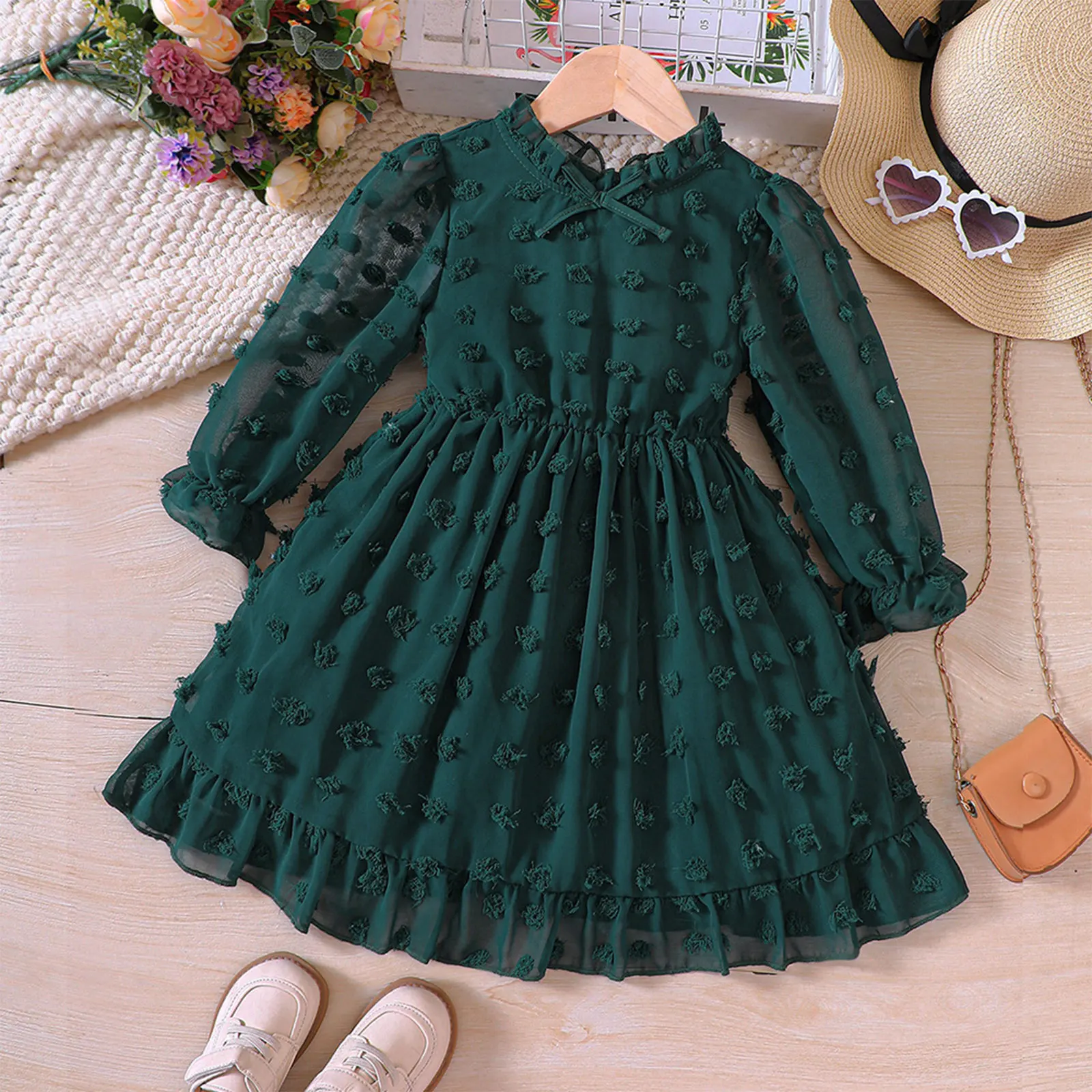 Toddler Girls Swiss Dots Dress Court Retro Evening Dresses Bowknot Flounce Dress Party Dress Fall Casual Clothing Princess Dress