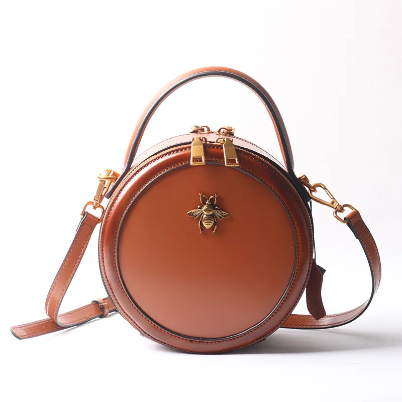 

Spring New Trendy Retro Cowhide Crossbody Small Bag Genuine Leather Women's Literary and Art Fan Small Round