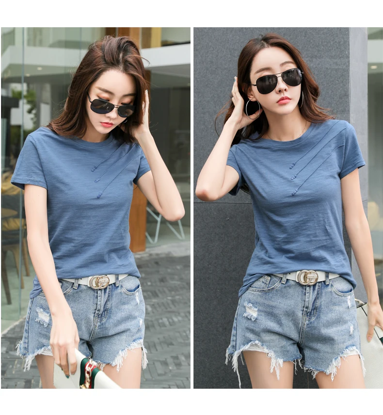 AOSSVIAO 2026 Summer Solid Color Women's T-Shirts Slub Cotton O-Neck Short Sleeve T-Shirt Loose Casual Simple Button Basic Top