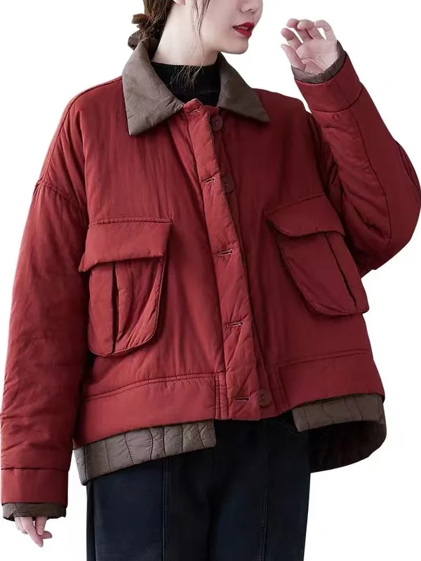 

Thiened ort Cotton Jaet Women's Retro Workwear Brand Tag Removed Korean Sle Loose Fit Long Sve Collar Coat