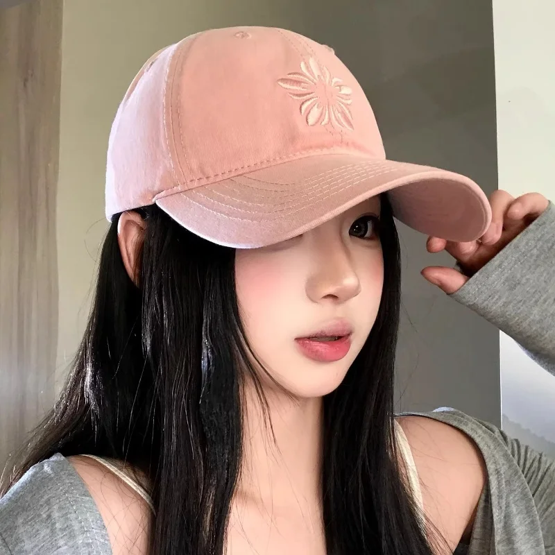 Women's Embroidered Flower Baseball Cap Deepened Soft Top Wide Brim Hat Big Head Circumference Face Highlighting Small Duckbill
