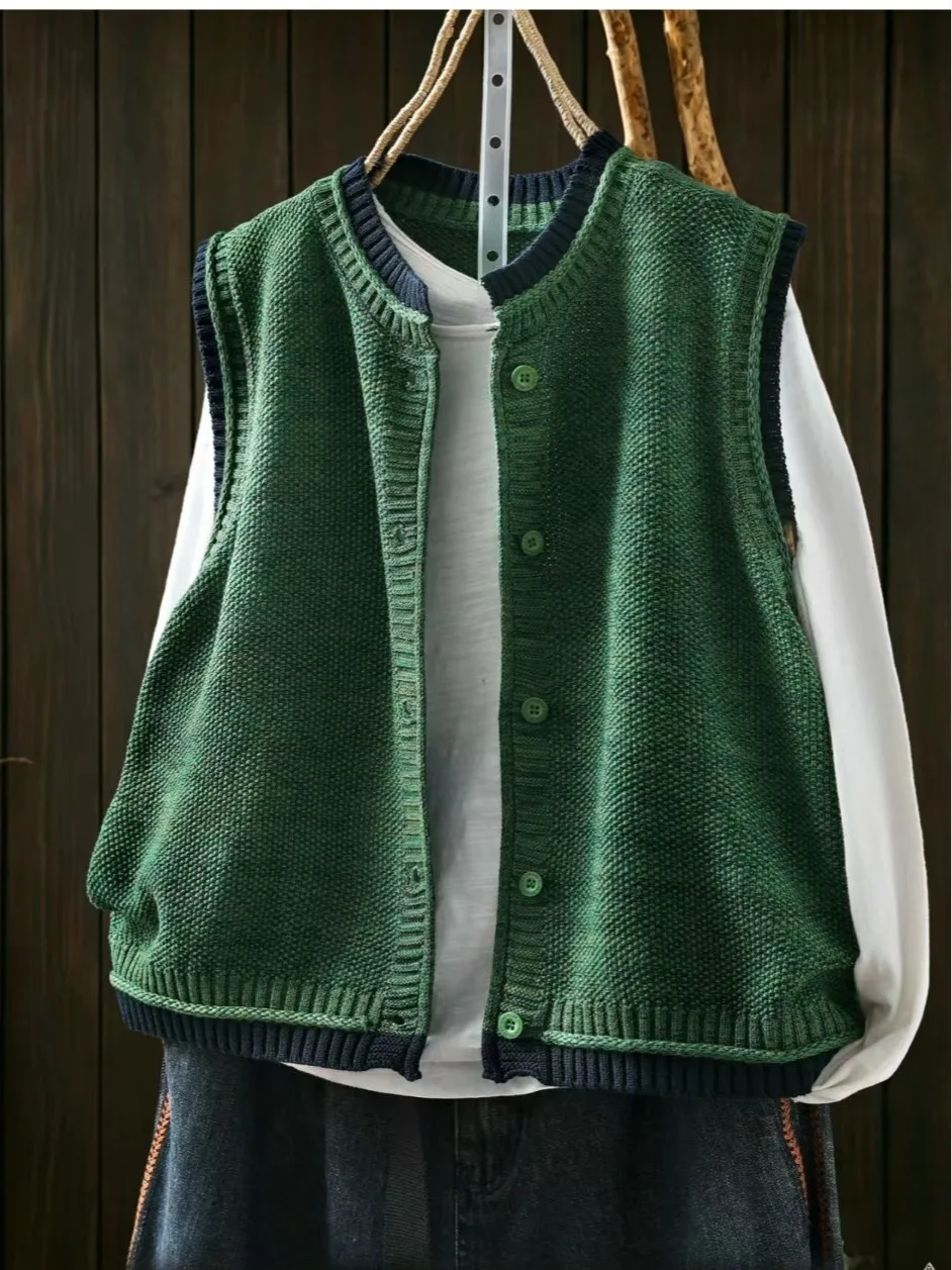 Women's Color Block Knitted Vest round Neck Open Cardigan Sleeveless Outerwear Top Casual Style Knitted Fabric Single Button