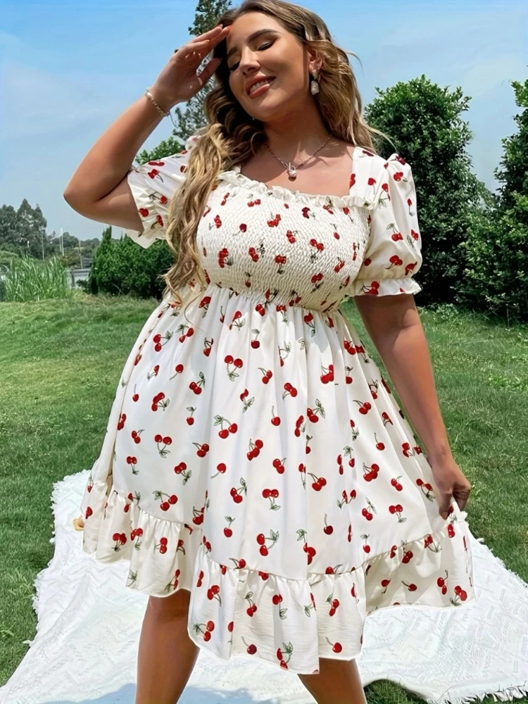 Floral Print Summer Elastic Waist Dress Slimming Flowy Casual Boho Women Dresses European American Style Loose Fit Maxi Dress