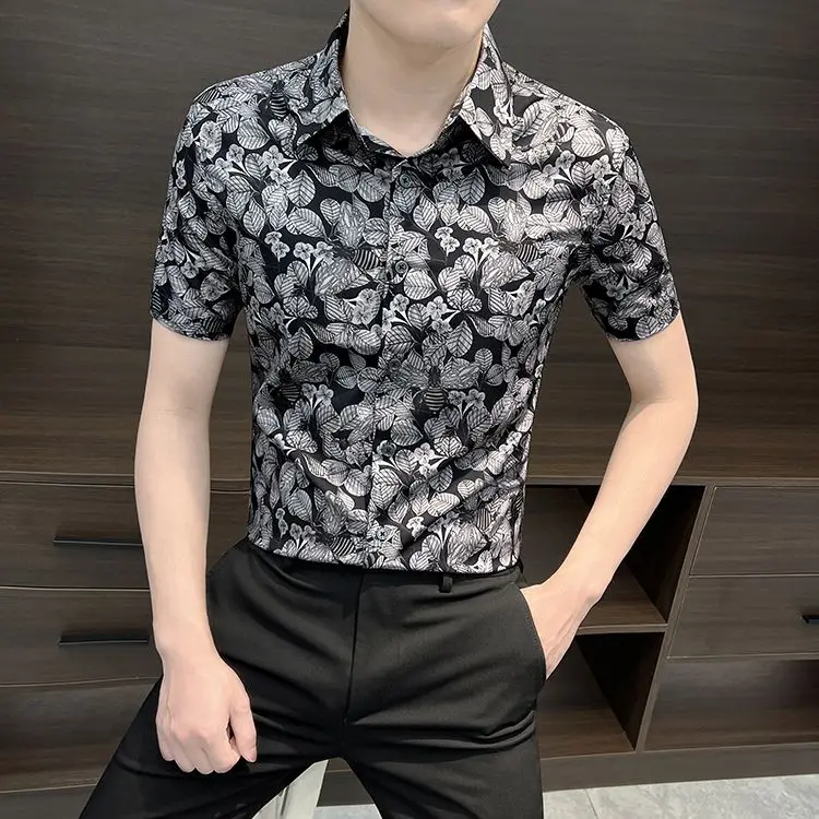 Men's Stylish Ice Silk Floral Print Short Sleeve Summer Shirt Slim Fit Korean Fashion Trendy Casual Wear
