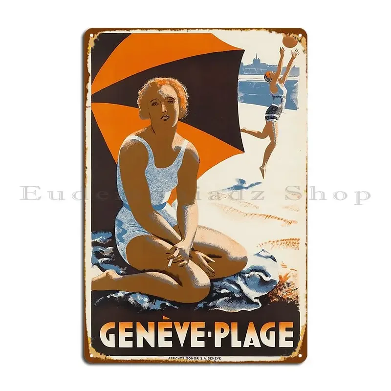 Placa de Metal Vintage Geneve Plage: Pôster de Viagem e Cinema Clássico para Sala de Estar