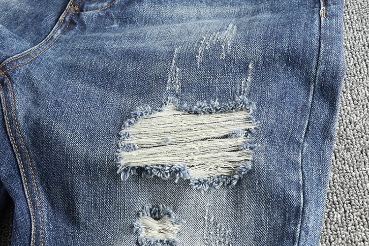 ผ้าฝ้าย 100% ฤดูร้อน Heavy ล้าง Ripped Hole Denim กางเกงยีนส์ผู้ชาย Slim Fit ขาตรงอเมริกัน Retro Cropped กางเกง