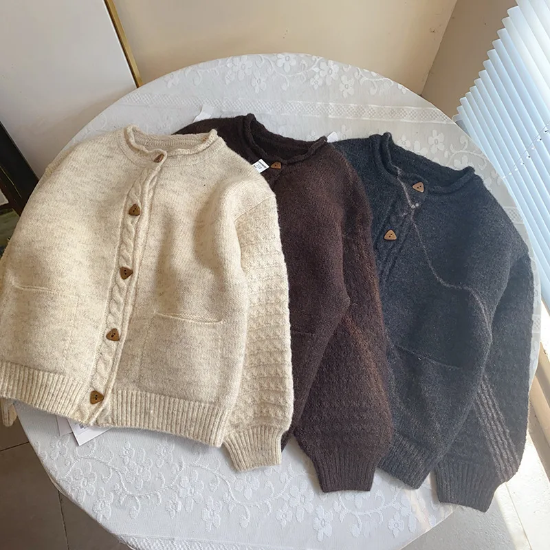 

Girls sweater autumn and winter round neck children's knitted cardigan jacket thick