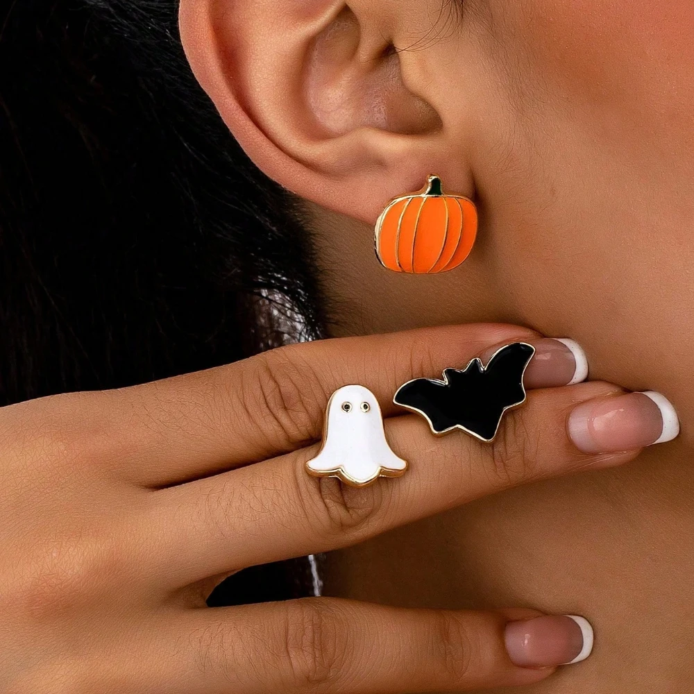 3Pairs/Set Gothic Pumpkin Ghost Stud Earrings Set Enamel Pumpkin Bat Ghost Funny Earring Halloween Jewelry Gift for Women Men
