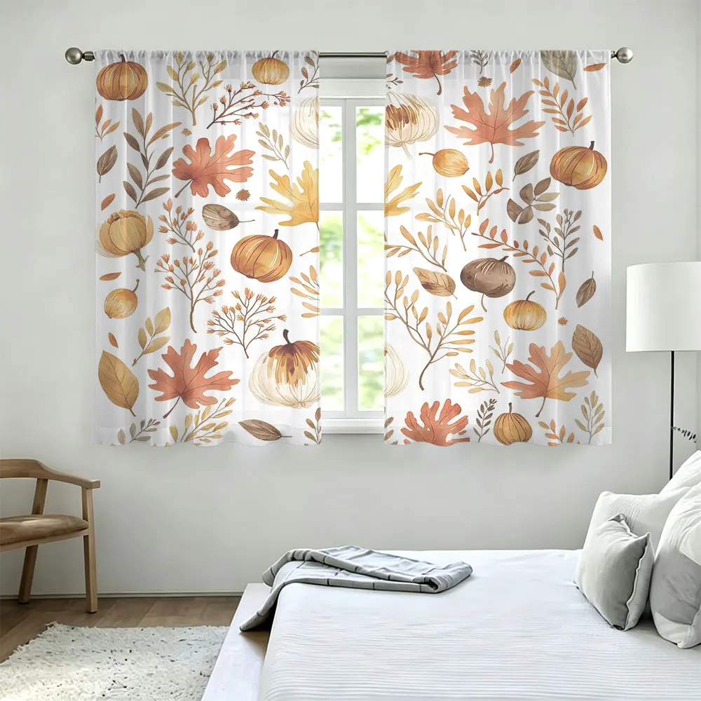 2pcs 90g rod-mounted curtains featuring a watercolor-style autumn pumpkin leaf pattern, perfect for home decoration