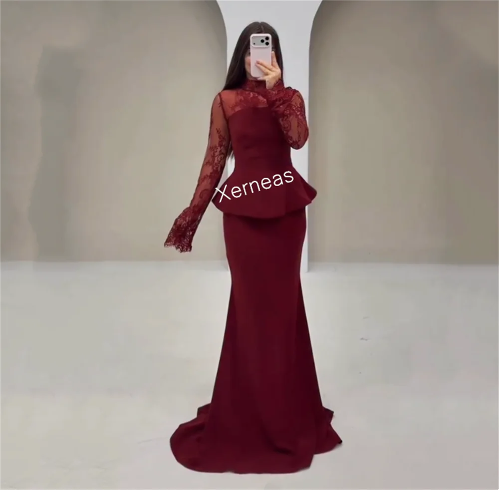 تخصيص جيرسي الدانتيل الطية عالية الياقة البوق فساتين طويلة مناسبة مخصصة أنيقة حفل زفاف مساء رسمي