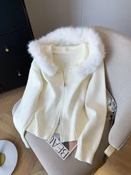 Milk white big fur collar hooded knit cardigan women's autumn and winter new fashion sense unique and chic zipper top.