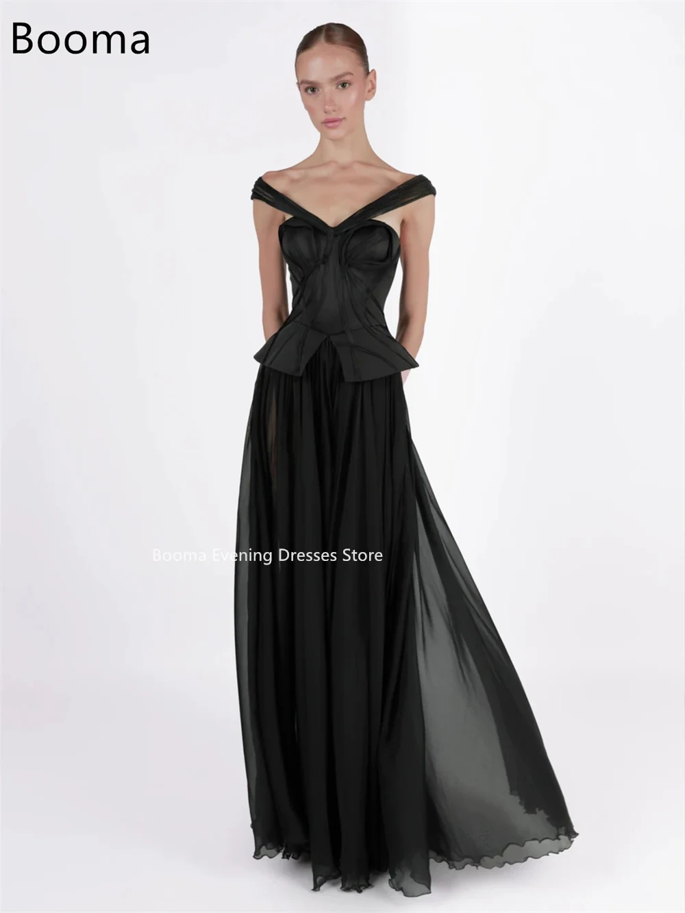 Booma A-Linie Spaghettiträger, schwarze Falte, einfache Abendkleider, lange formelle Kleider für Frauen, elegante Ballkleider nach Maß