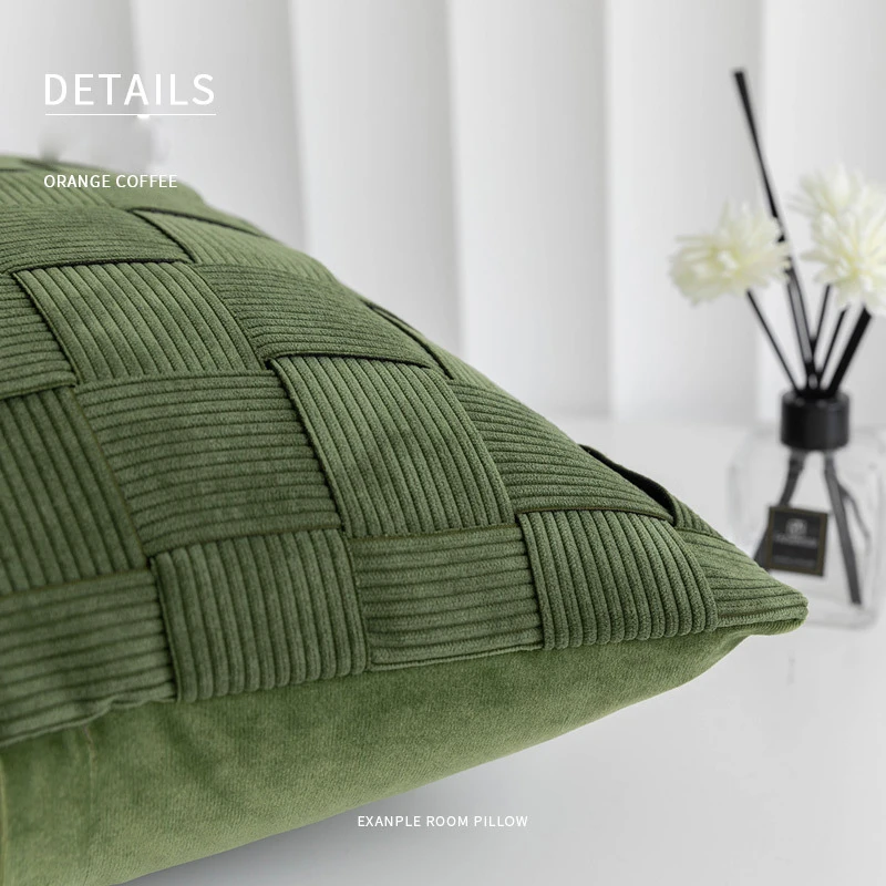 Japanese Nordic-style Instagram living room sofa pine green corduroy striped handmade knitted pillow 50cm square cushion cover