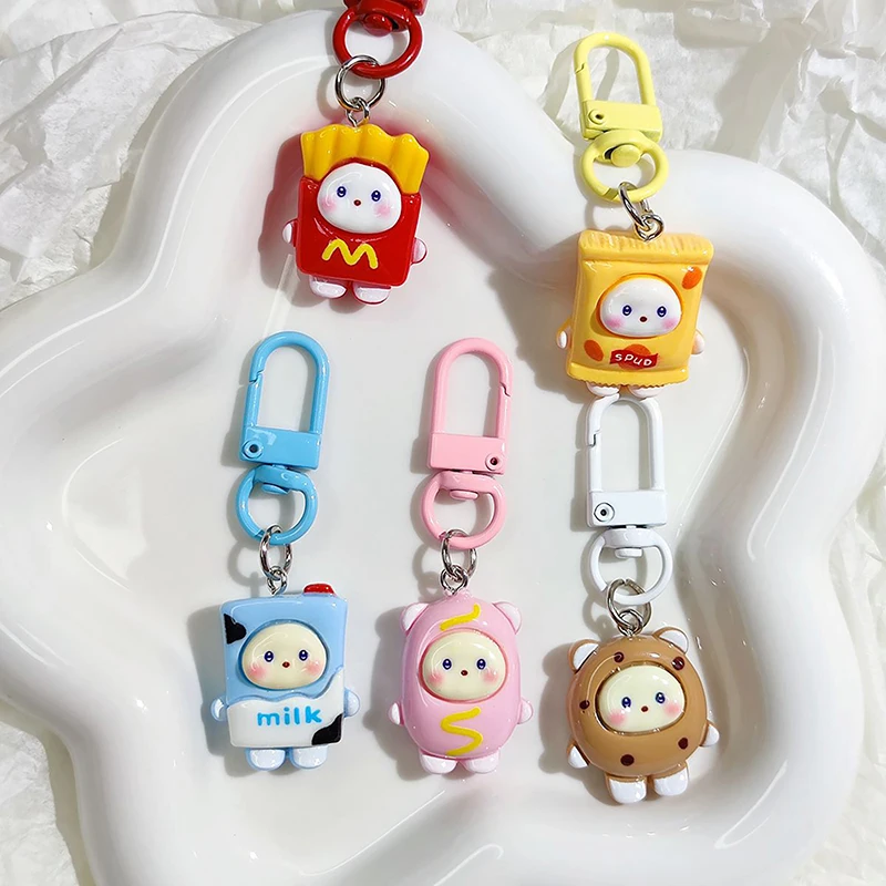 Charm Kawaii Pendant Cute Resin Cartoon Snack French Fries Small Round Face Keychain For Women Girls Kids Car Bag Lovely Gift