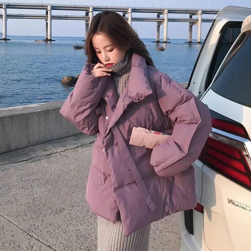 

Lilac Purple Cotton Jacket Women's Short Korean Style Down Filled Warm Coat Medium Thickness Long Sleeve Polo Collar