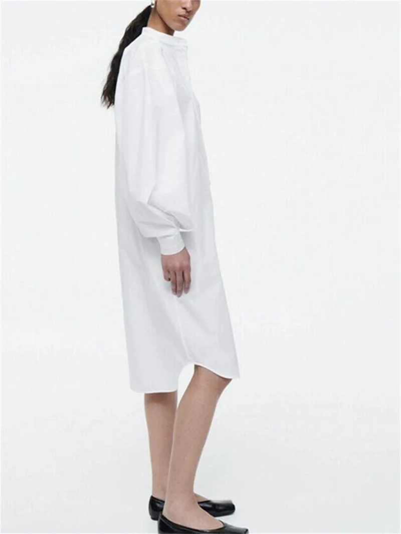 

O-Neck Loose Shirt Dress Women's Long Lantern Sleeve White Single Breasted Simple Summer New 2024 Female Irregular Hem Robe