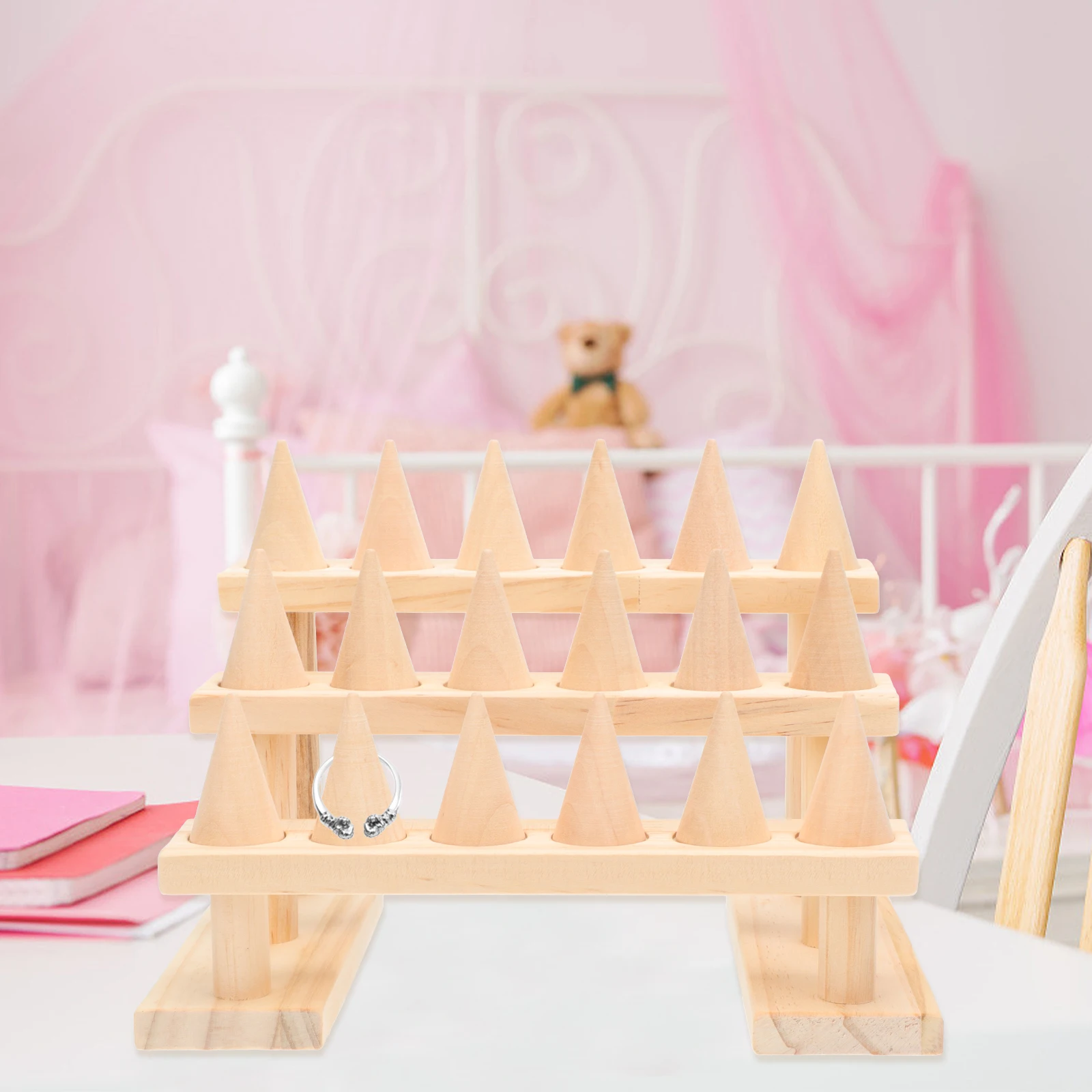 

Wooden Ring Stand Organizing Rack The Three-layer Tray Dresser Finger Jewelry Support Female