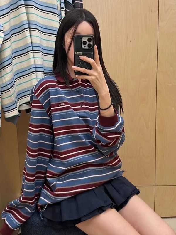 فضفاض مخطط طويل Sve تي شيرت المرأة عادية Sle خمر طوق تنوعا قمة مريحة فضفاضة تناسب الخريف وصول جديد