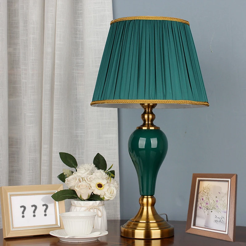 Chinese Style Green Ceramic Table Lamps European Cloth CoverModern Living Room Bedroom Bedside Study E27 Decor Table Lamp EU/AU/