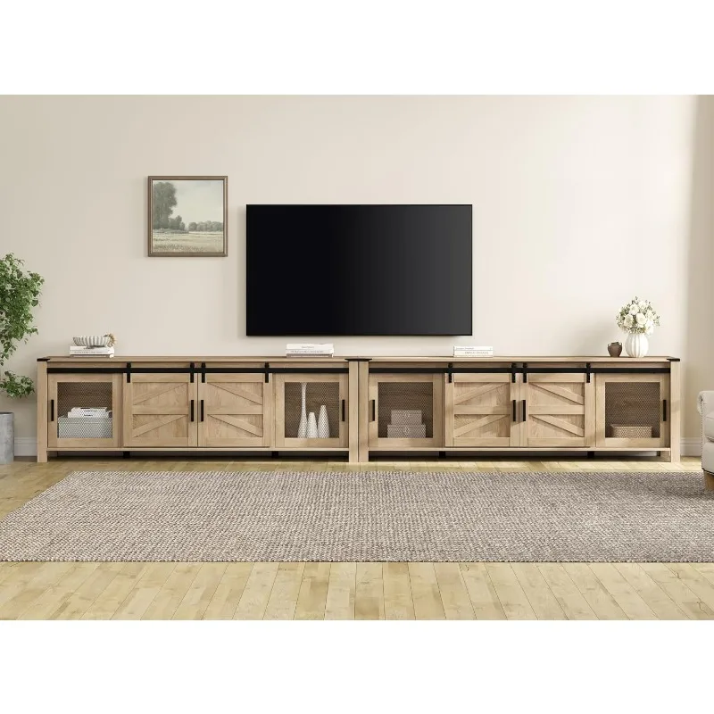 WAMPAT Farmhouse TV Stand for 100 Inch TV with Sliding Barn Door, Set of Two Modern Wood Entertainment Center