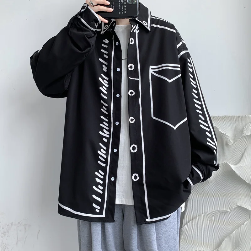 

Hand Painted fiti Men's irt Unique Minori Design Slim Fit Long Sve Street Sle Casual Wear Spring 2025 ex