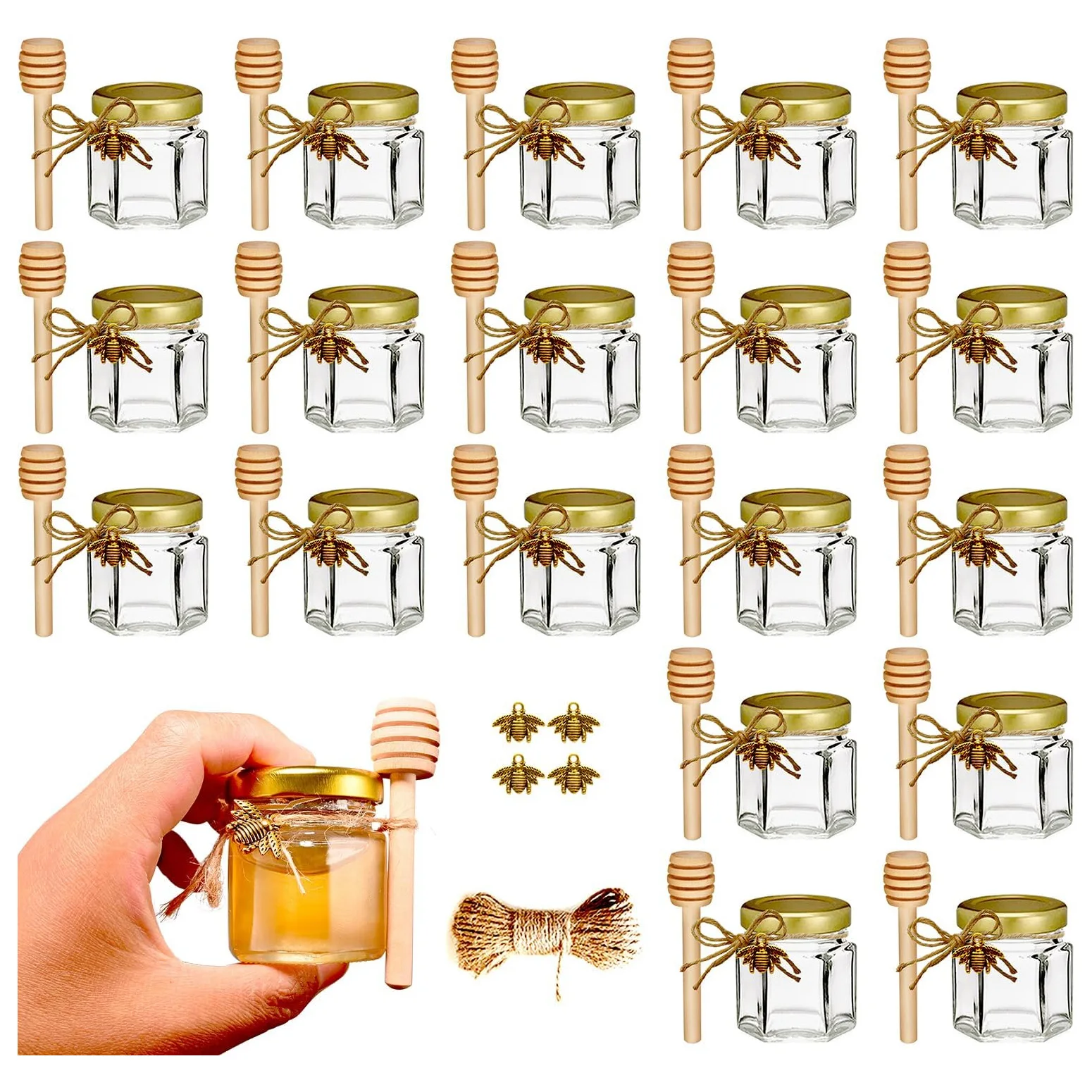 Hexagon mini honey jars with gold lids, wooden dippers, bee charms, and jute twine. Perfect for baby showers, 20-pack.