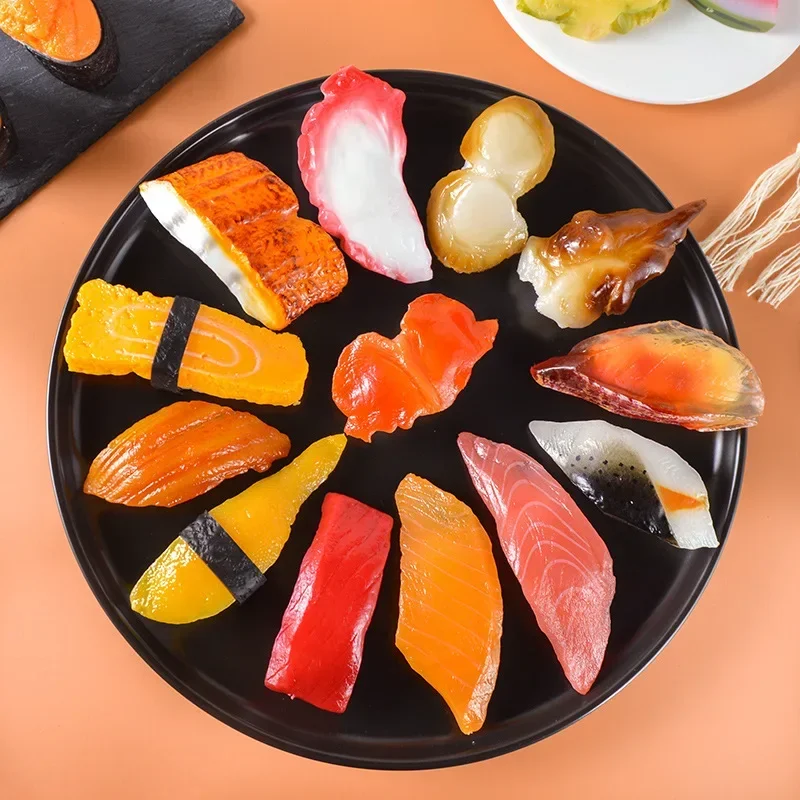 Simulación de sushi falso Artificial, Material de Pvc bonito, gambas de pescado, rodajas de salmón, modelo, accesorios para fotos
